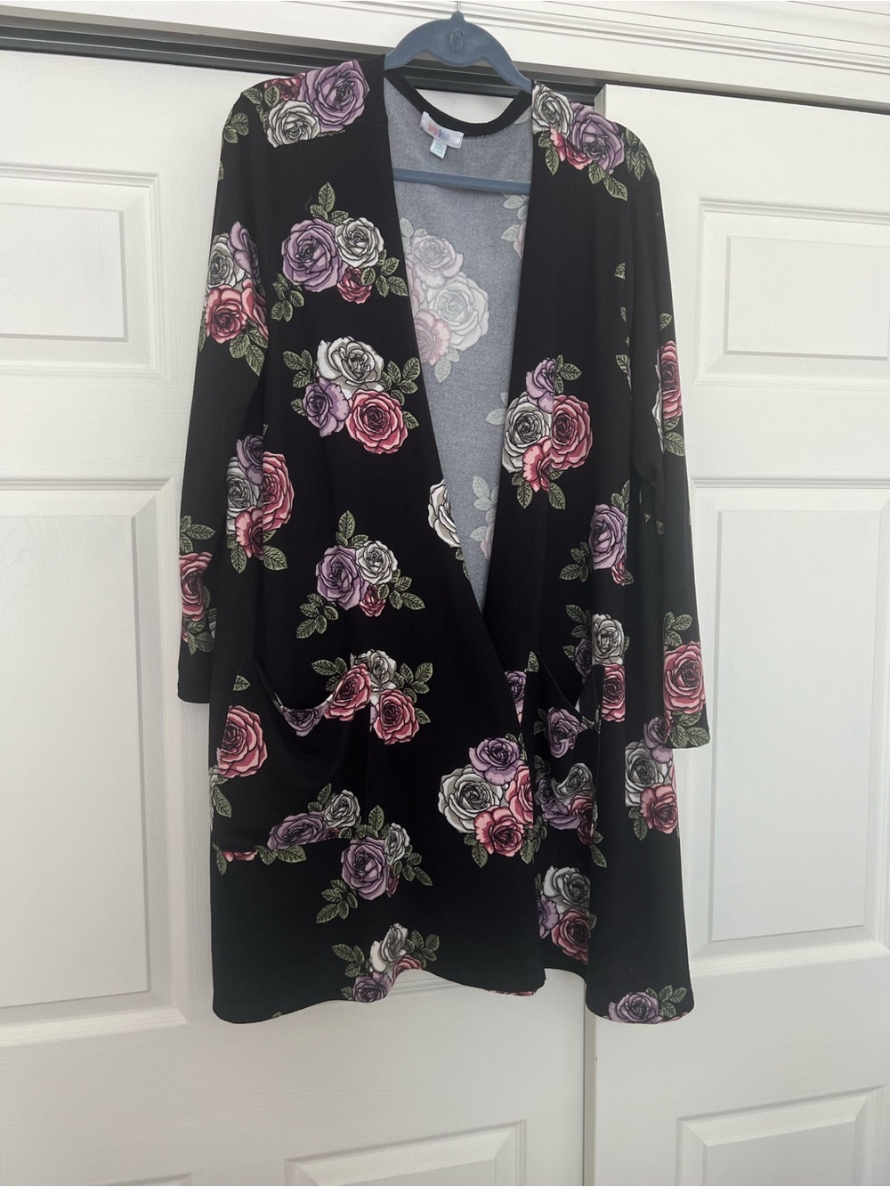 Lularoe Black Floral Open Cardigan with Pink & Lavender